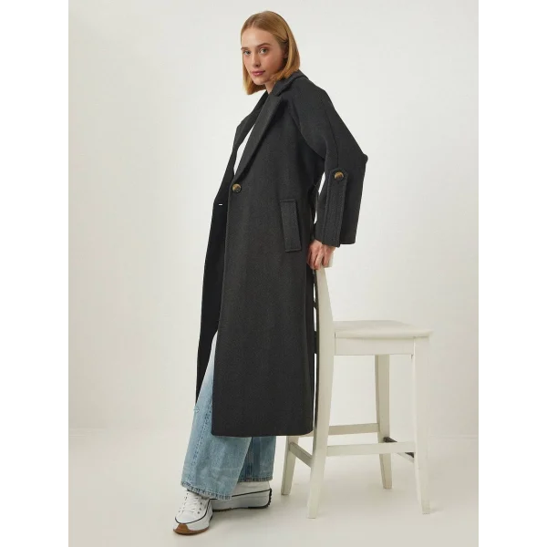 Kol Kemerli Premium Yün Kaban Antrasit