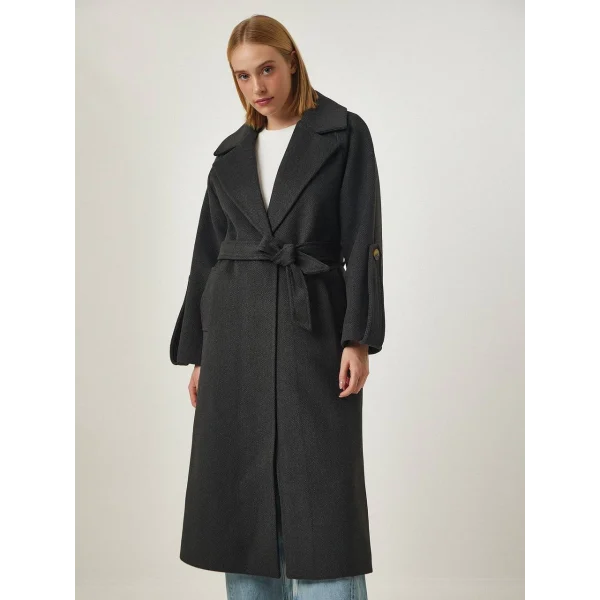 Kol Kemerli Premium Yün Kaban Antrasit