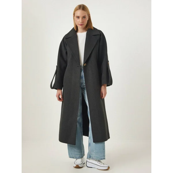 Kol Kemerli Premium Yün Kaban Antrasit