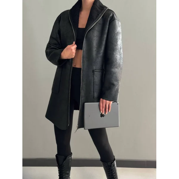 DERİ KÜRKLÜ MİDİ SİYAH KABAN