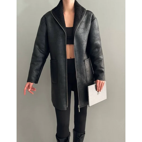 DERİ KÜRKLÜ MİDİ SİYAH KABAN