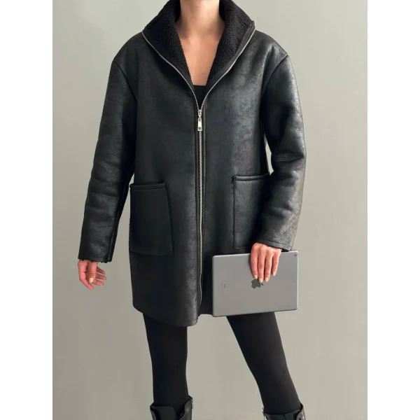 DERİ KÜRKLÜ MİDİ SİYAH KABAN