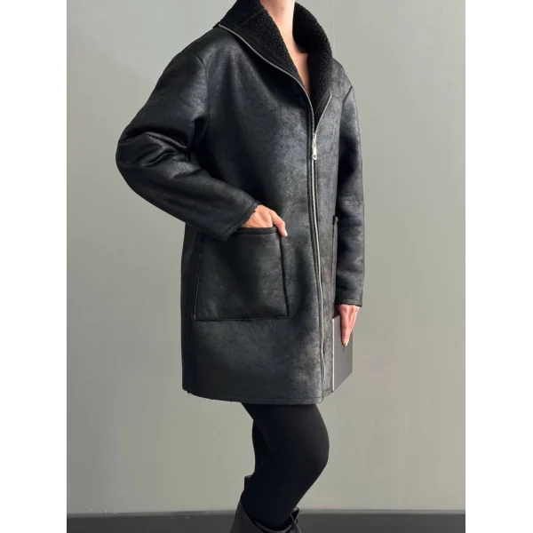 DERİ KÜRKLÜ MİDİ SİYAH KABAN