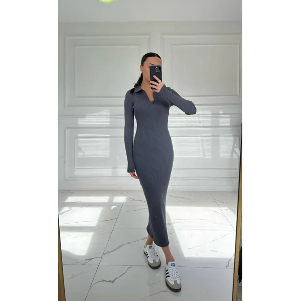 GRİ POLO YAKA UZUN KOLLU TRİKO ELBİSE