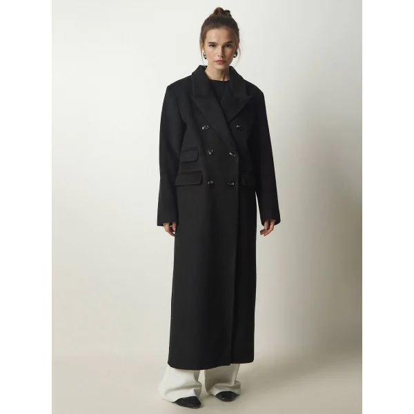 DÜĞMELİ YÜN KARIŞIMLI SİYAH KABAN