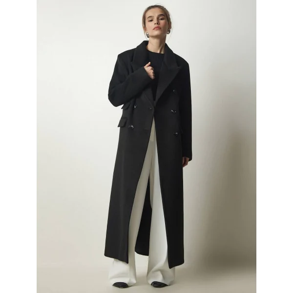 DÜĞMELİ YÜN KARIŞIMLI SİYAH KABAN