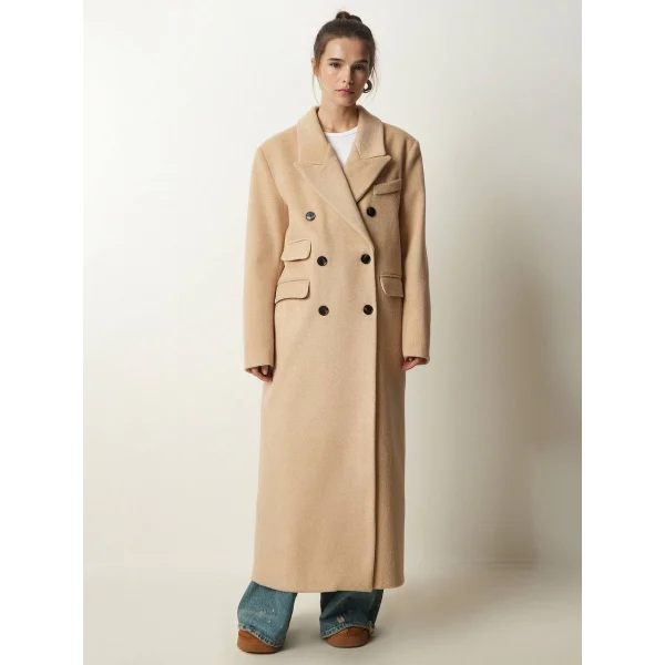 DÜĞMELİ YÜN KARIŞIMLI BEJ KABAN