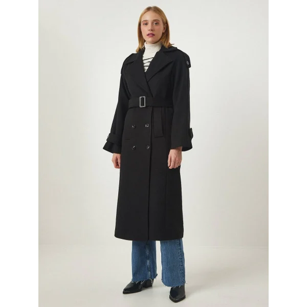 APOLETLİ KEMERLİ UZUN SİYAH YÜN KABAN