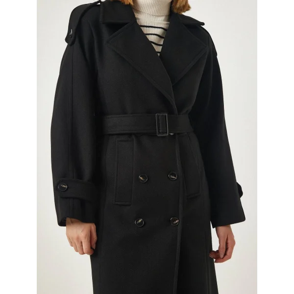 APOLETLİ KEMERLİ UZUN SİYAH YÜN KABAN