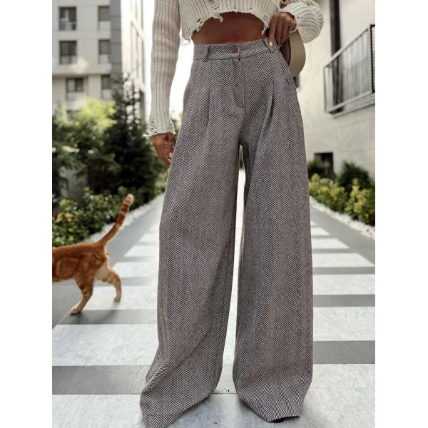 Balıksırtı Pamuklu Palazzo Pantolon Kahve