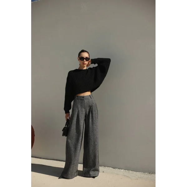 Balıksırtı Pamuklu Palazzo Pantolon Siyah