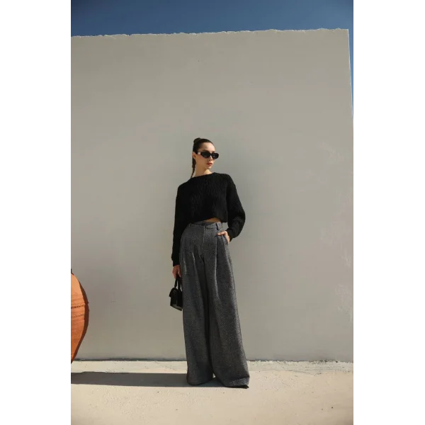 Balıksırtı Pamuklu Palazzo Pantolon Siyah