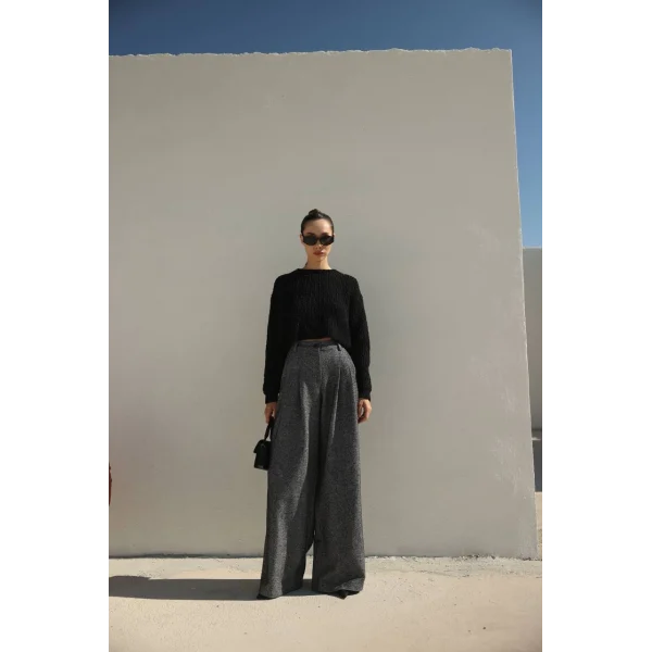 Balıksırtı Pamuklu Palazzo Pantolon Siyah