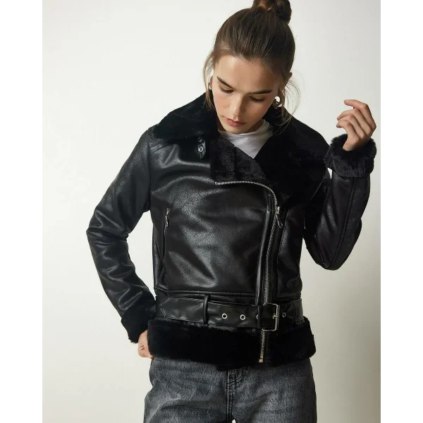 SİYAH KÜRKLÜ DERİ BİKER CEKET