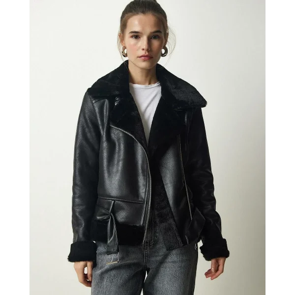 SİYAH KÜRKLÜ DERİ BİKER CEKET