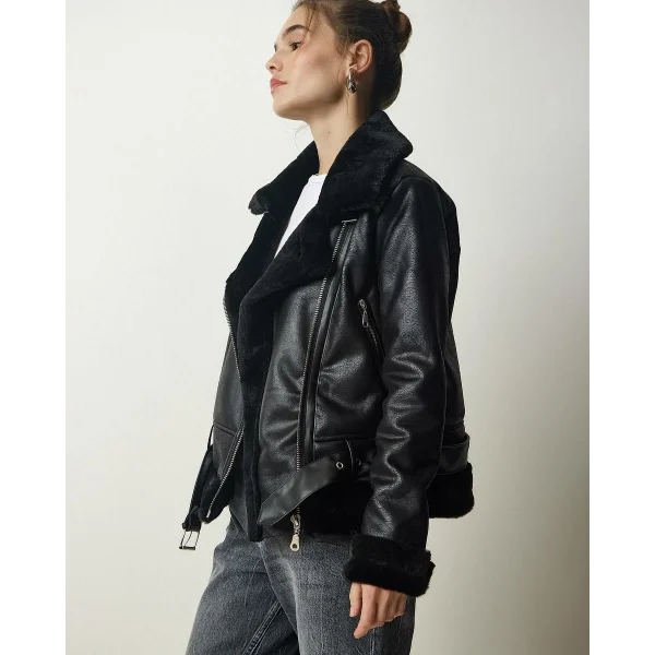 SİYAH KÜRKLÜ DERİ BİKER CEKET