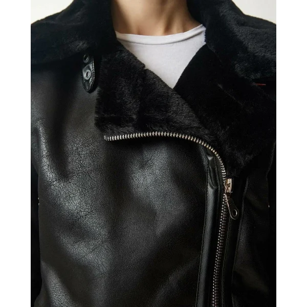 SİYAH KÜRKLÜ DERİ BİKER CEKET