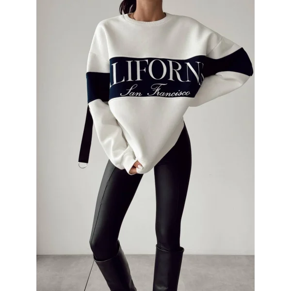 BASKI DETAYLI BEYAZ PAMUKLU SWEATSHİRT