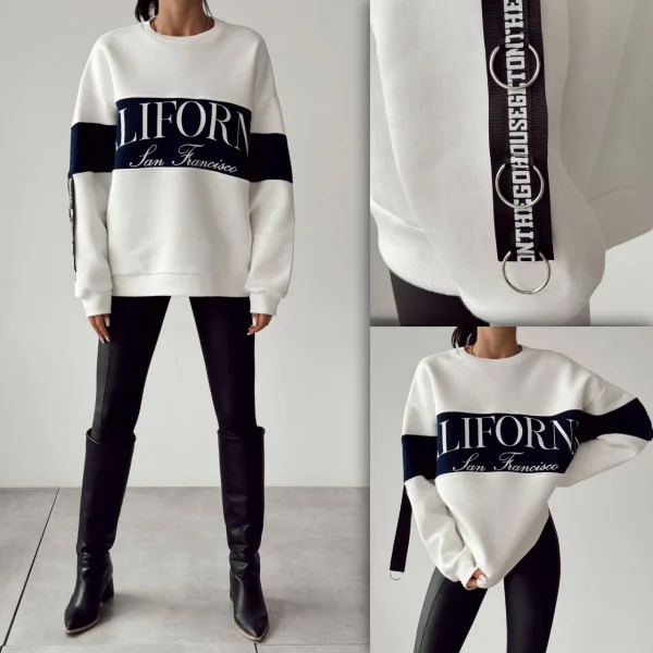 BASKI DETAYLI BEYAZ PAMUKLU SWEATSHİRT