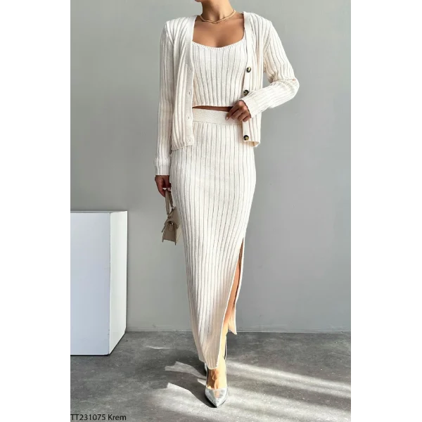 FİTİLLİ KREM TRİKO TAKIM ETEK HIRKA CROP