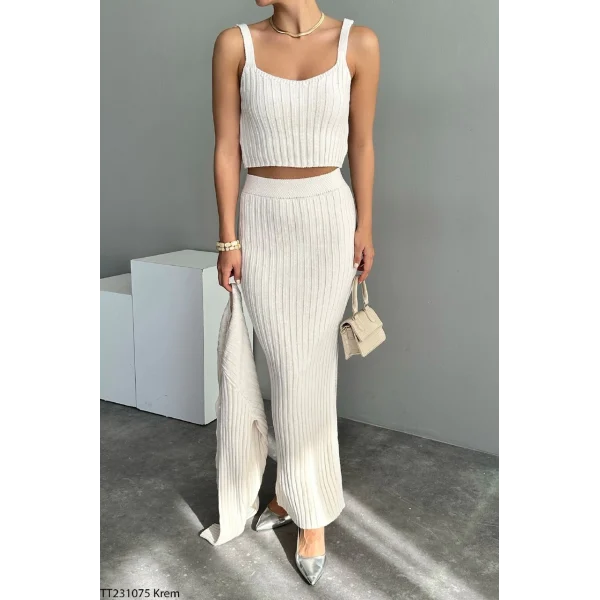 FİTİLLİ KREM TRİKO TAKIM ETEK HIRKA CROP