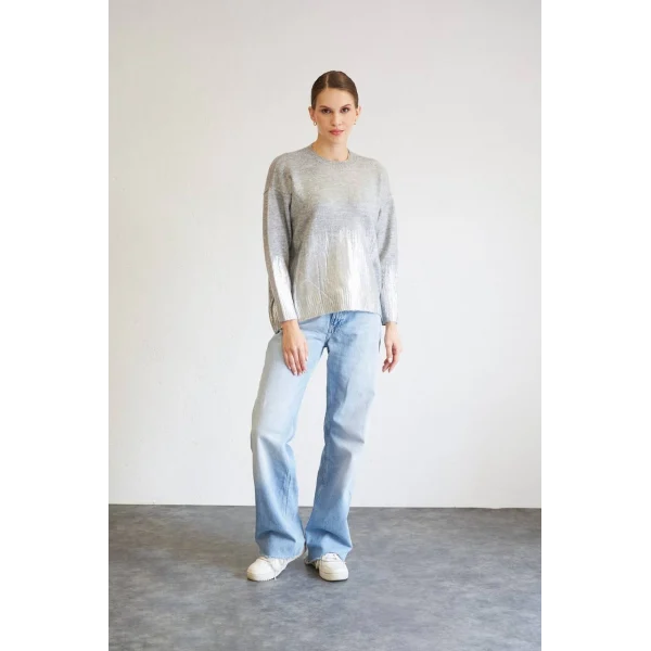 VARAK BASKILI TRİKO KAZAK GÜMÜŞ GRİ