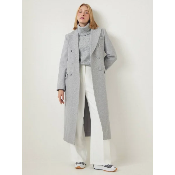 YIRTMAÇLI DÜĞMELİ GRİ YÜN KABAN