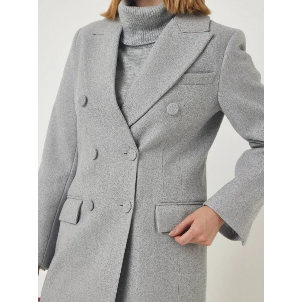 YIRTMAÇLI DÜĞMELİ GRİ YÜN KABAN