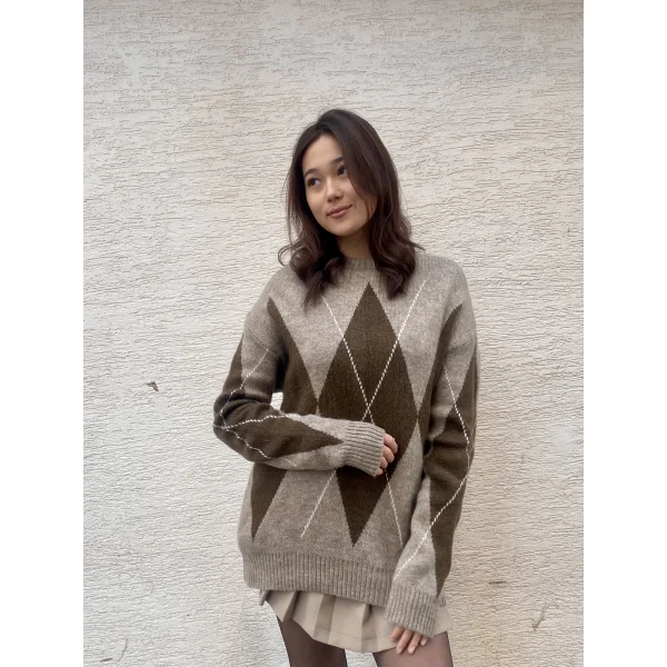 VİZON KAHVERENGİ BAKLAVA DESENLİ KAZAK