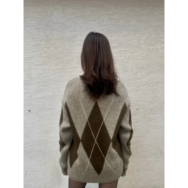 VİZON KAHVERENGİ BAKLAVA DESENLİ KAZAK