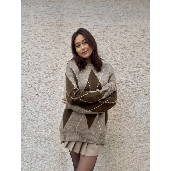 VİZON KAHVERENGİ BAKLAVA DESENLİ KAZAK