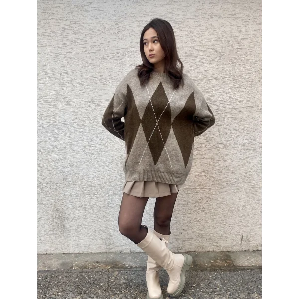 VİZON KAHVERENGİ BAKLAVA DESENLİ KAZAK