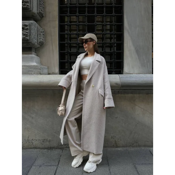 Balıksırtı Oversize Yün Kaban Krem