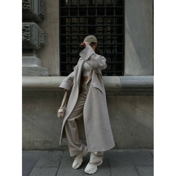 Balıksırtı Oversize Yün Kaban Krem