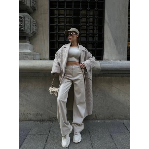 Balıksırtı Oversize Yün Kaban Krem