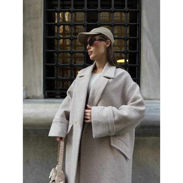 Balıksırtı Oversize Yün Kaban Krem