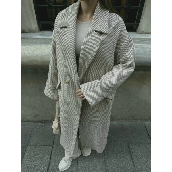 Balıksırtı Oversize Yün Kaban Krem