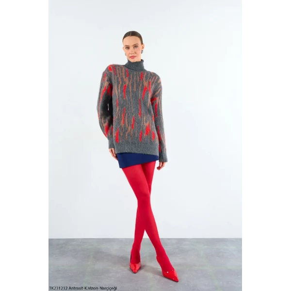 Desenli Balıkçı Yaka Kazak - Antrasit/kırmızı