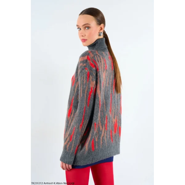 Desenli Balıkçı Yaka Kazak - Antrasit/kırmızı