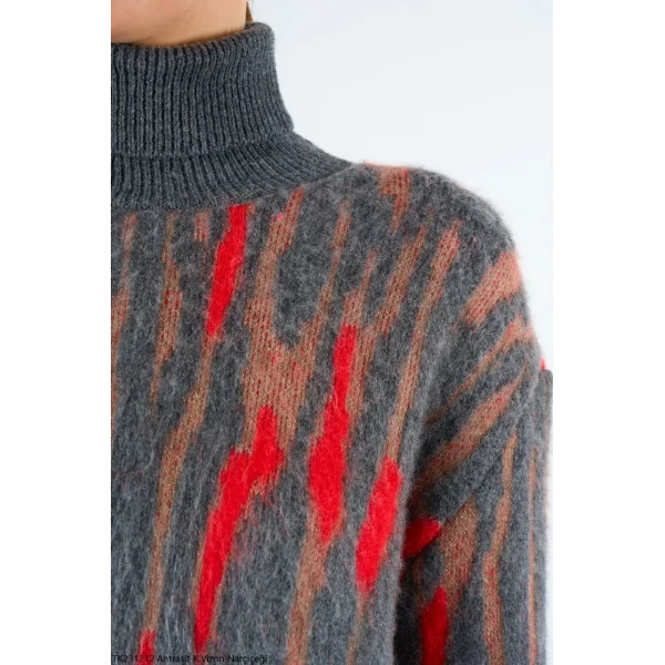 Desenli Balıkçı Yaka Kazak - Antrasit/kırmızı