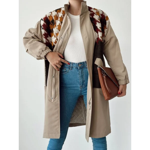 TRİKO GARNİLİ TRENÇKOT HAKİ TAŞ