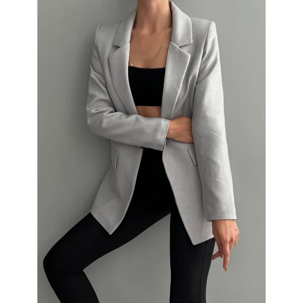 Yün Efekt Kumaş Tek Düğme Gri Blazer Ceket