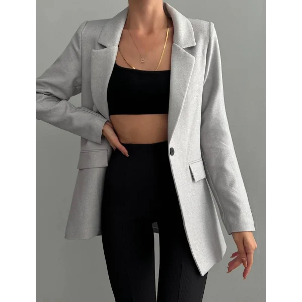 Yün Efekt Kumaş Tek Düğme Gri Blazer Ceket