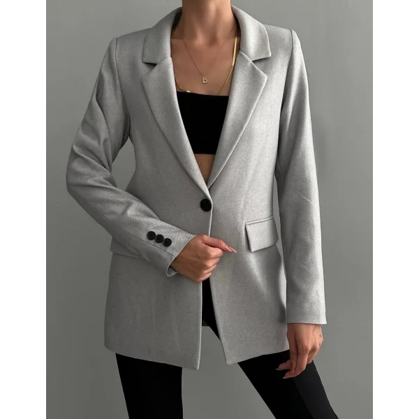Yün Efekt Kumaş Tek Düğme Gri Blazer Ceket