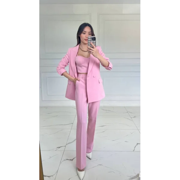 PEMBE CROP BLAZER CEKET PANTOLON TAKIM