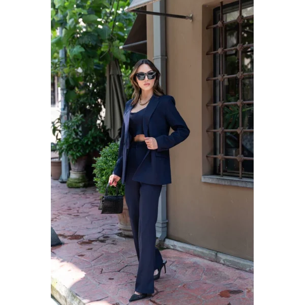 Crop Blazer Ceket Pantolon Takım Lacivert