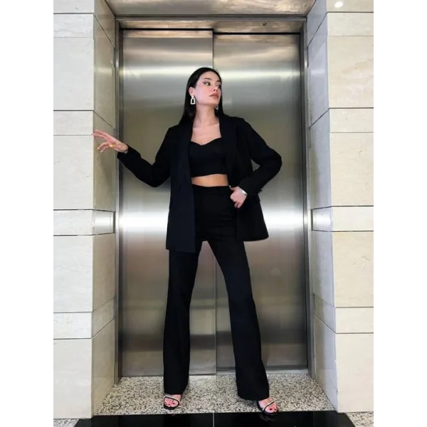 SİYAH CROP BLAZER CEKET PANTOLON TAKIM