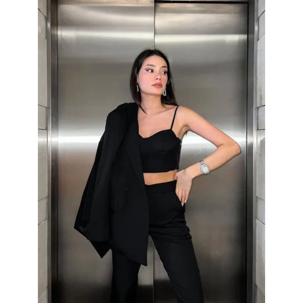 SİYAH CROP BLAZER CEKET PANTOLON TAKIM
