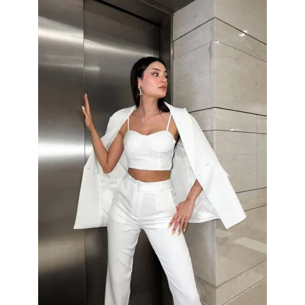 BEYAZ CROP BLAZER CEKET PANTOLON TAKIM