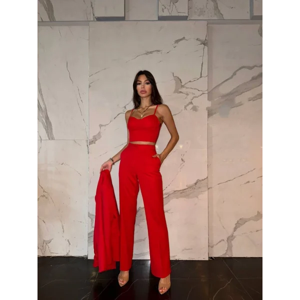 KIRMIZI CROP BLAZER CEKET PANTOLON TAKIM